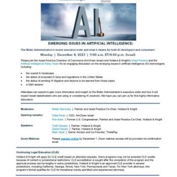 Webinar on: Emerging Issues in Artificial Intelligence - The Biden Administration's recent executive order and what it means for both AI developers and consumers