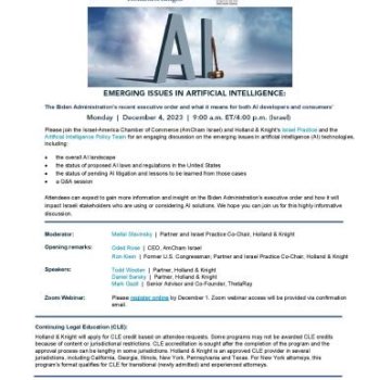 Webinar on: Emerging Issues in Artificial Intelligence - The Biden Administration's recent executive order and what it means for both AI developers and consumers